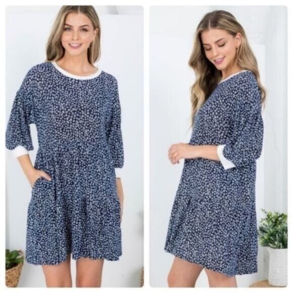 NAVY DITZY FLORAL DRESS W/ RIBBED COLLAR & LAYERED-NEW - Picture 1 of 7